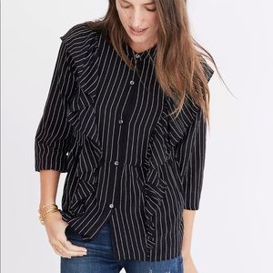 Madewell Black and White Striped Ruffle Top
